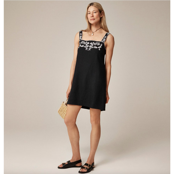 J.Crew Embroidered Linen Shift Dress Mini Boho Resort Vacation Black US 8 NWT - Picture 1 of 12